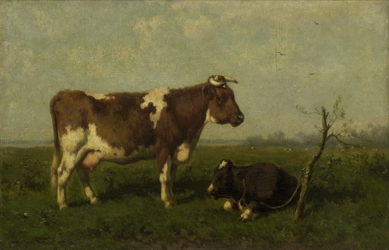 Kuh mit ihrem Kalb auf einer Wiese von Johannes Martinus Vrolijk