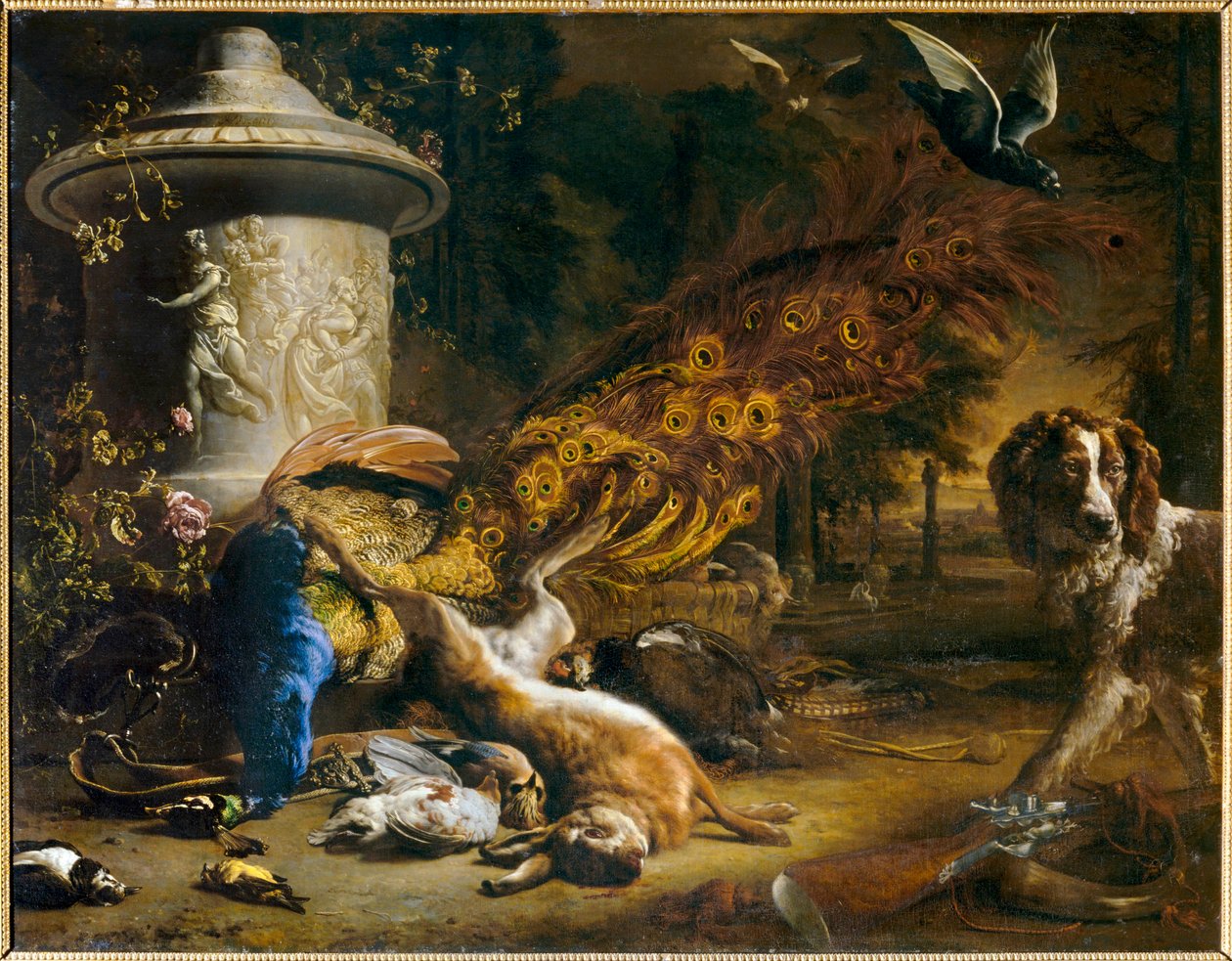 Stillleben mit Pfau und Hund oder Die Früchte der Jagd. 1696 von Jan Weenix