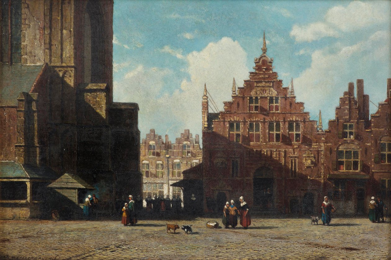 Ein sonnenbeschienener Blick auf den Grote Markt mit der St.-Bavo-Kirche und der Vleeshal, Haarlem von Jan Weissenbruch
