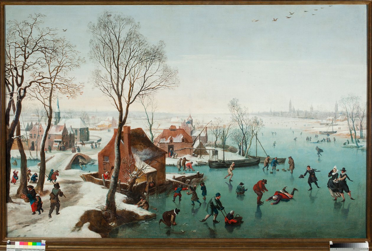 Dezember, Schlittschuhläufer auf einem zugefrorenen See von Jan Wildens