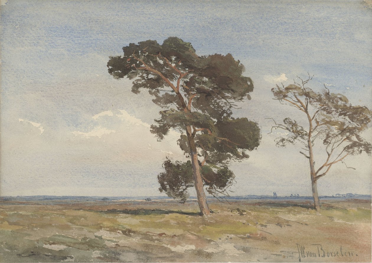 Blick auf die Heide mit zwei Bäumen von Jan Willem van Borselen