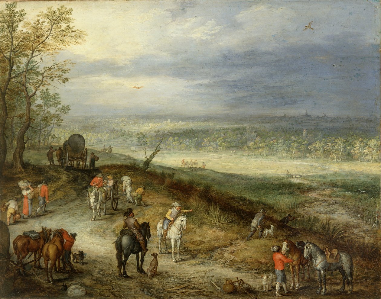 Weite Landschaft mit Reisenden auf einer Landstraße von Jan the Elder Brueghel