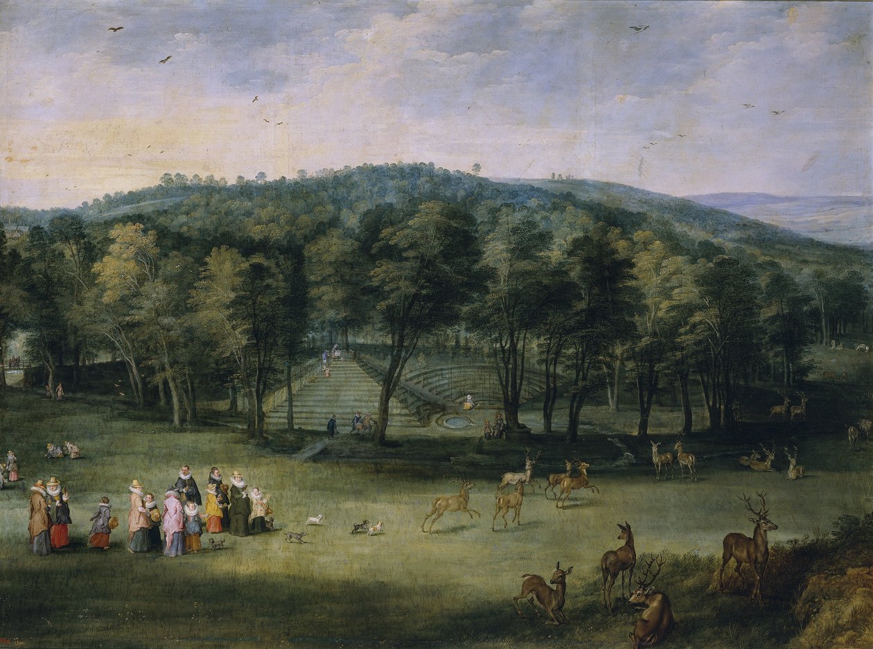 Infantin Isabella Clara Eugenia von Spanien im Parc de Mariemont, erstes Drittel des 17. Jahrhunderts von Jan the Elder Brueghel
