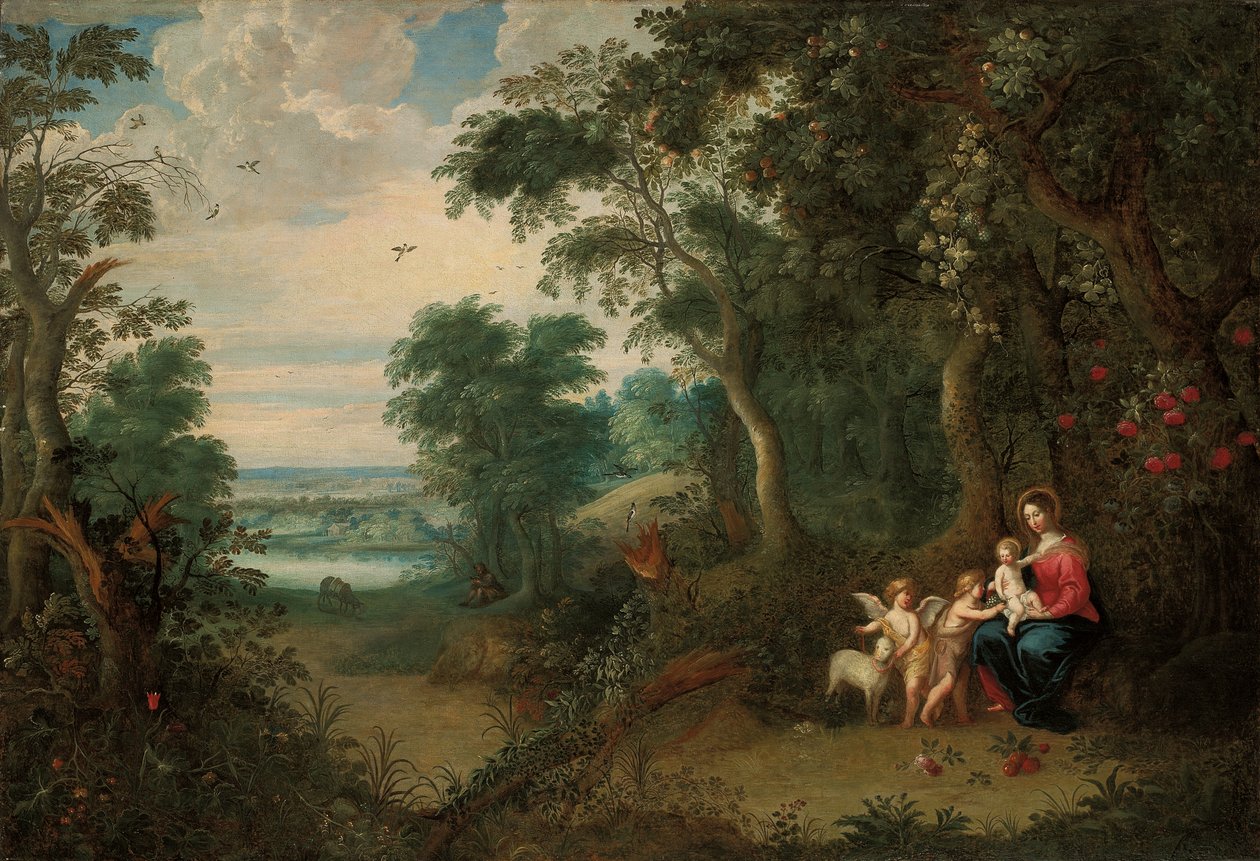 Eine bewaldete Landschaft mit der Jungfrau und dem Kind, dem kleinen Johannes dem Täufer und einem Engel von Jan Brueghel the Younger