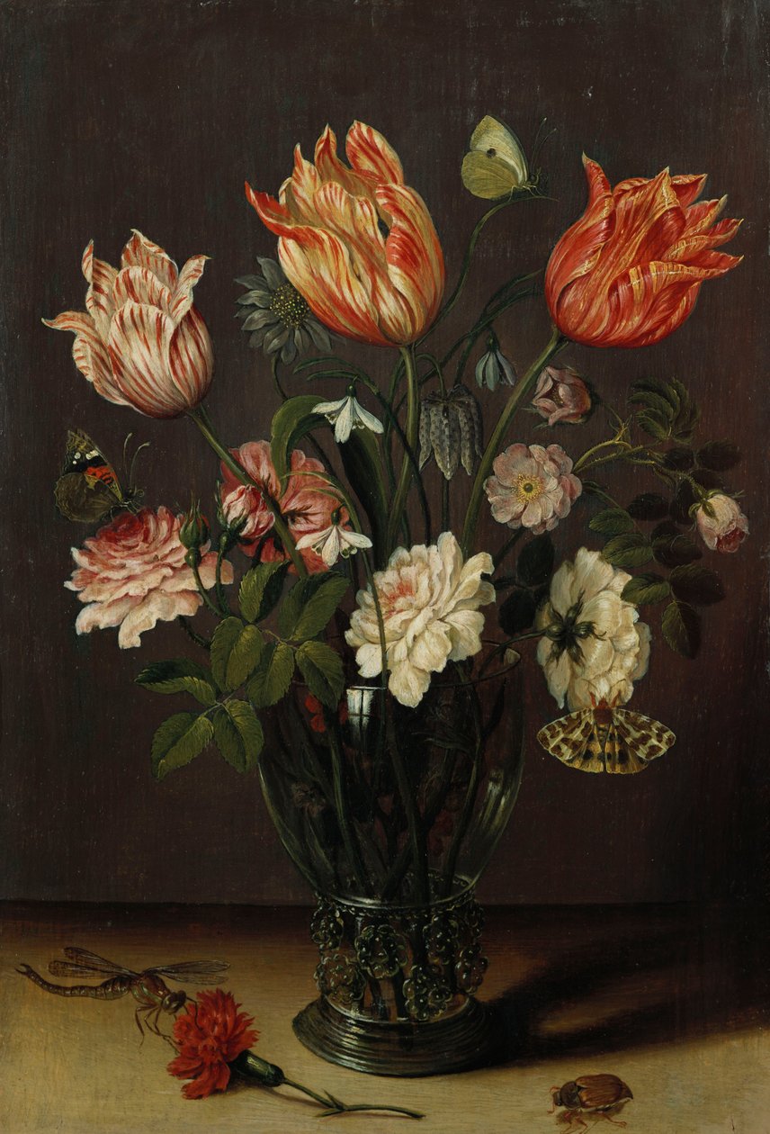 Tulpen mit anderen Blumen in einem Glas auf einem Tisch von Jan Brueghel the Younger