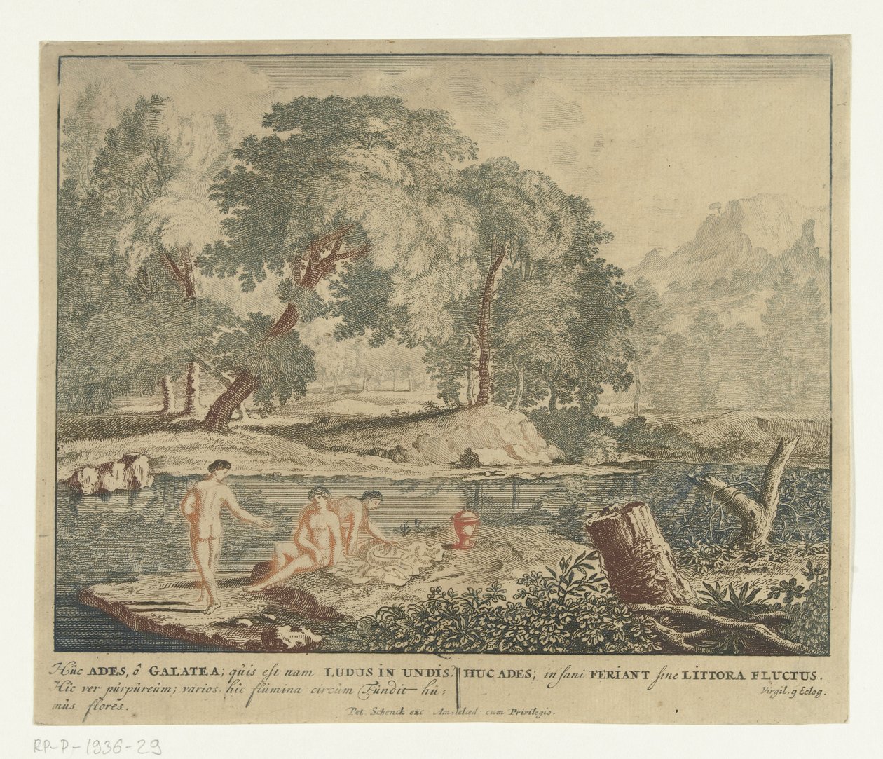 Drei Nymphen baden in einem Teich. Szenen aus Vergils Gedichtsammlung Bucolica (Serientitel) von Jan van Call (I)