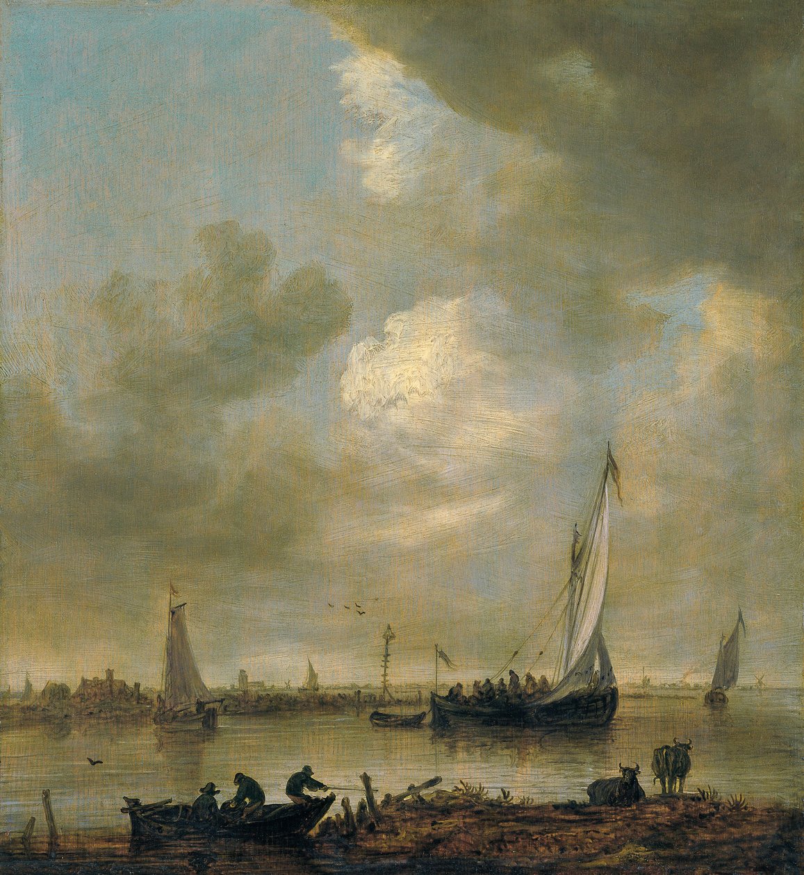 Ein Flussmündung mit "Smalschips", Fischern und Vieh beim Tränken von Jan van Goyen