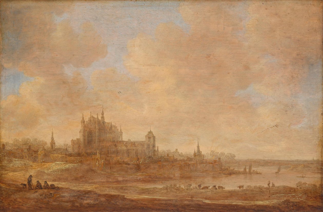 Flusslandschaft mit der Leidener Hooglandse Kerk von Jan van Goyen