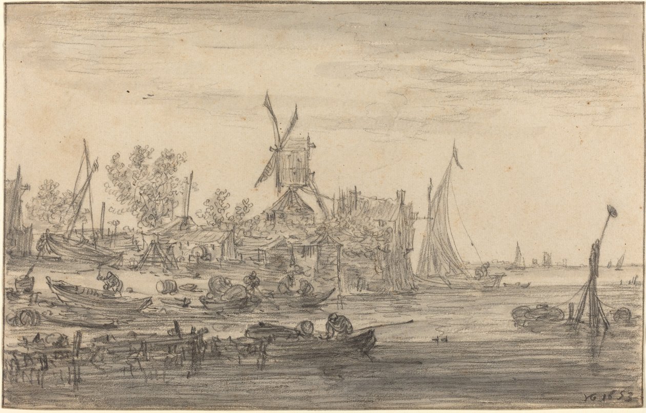 Uferszene mit Windmühle von Jan van Goyen