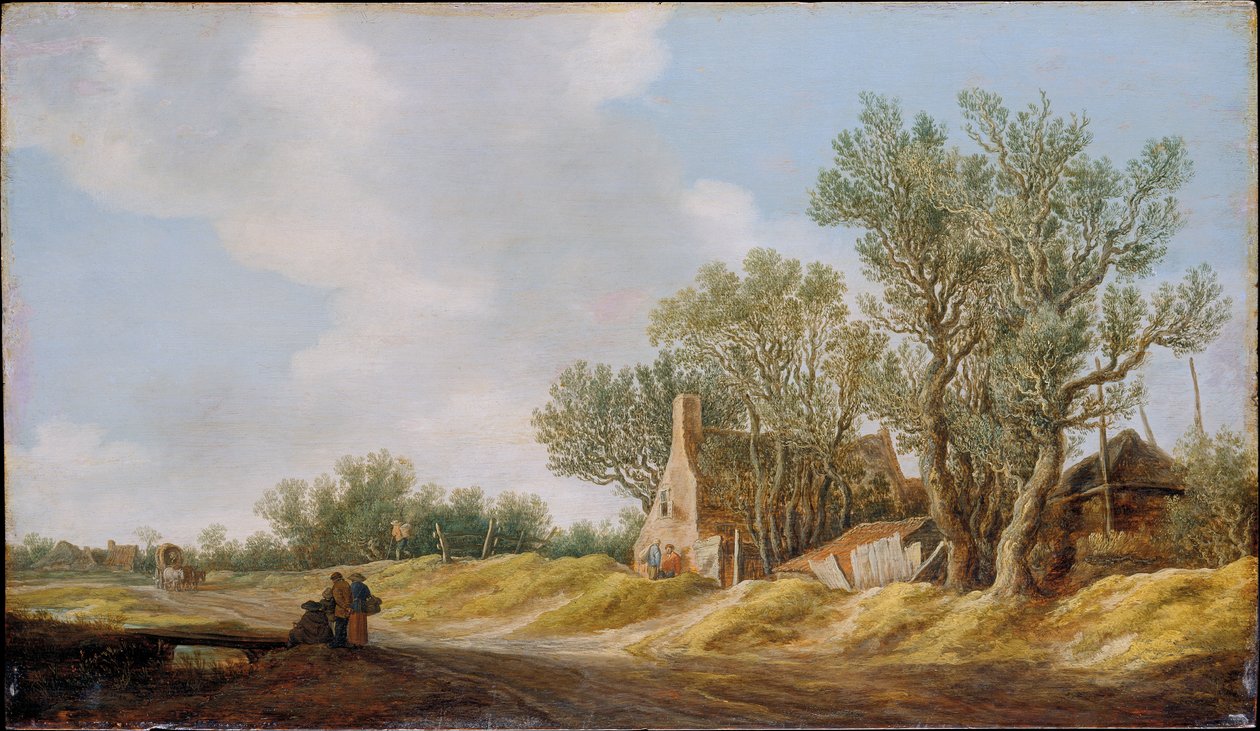 Dorfstraße mit Menschen, die an einer Brücke rasten von Jan van Goyen