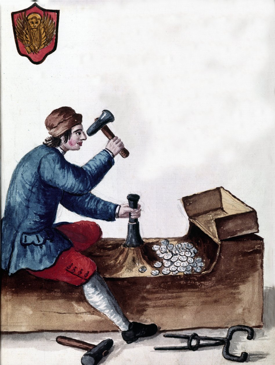 Die Münzherstellung der Republik Venedig: Prägephase. Aquarellzeichnung und Tinte aus dem Manuskript „Customs of the Venitians“ von Jan van Grevenbroeck (oder Giovanni Grevembroch) (1731-1807) von Jan van Grevenbroeck