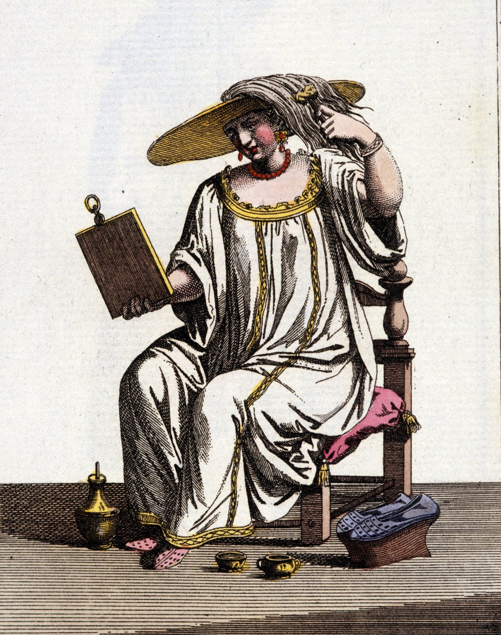 Venezianische Methode der Frauen, ihr Haar in der Sonne aufzuhellen im 17. - 18. Jahrhundert. Aquarellzeichnung und Tinte aus dem Manuskript „Bräuche der Venezianer“ von Jan van Grevenbroeck (oder Giovanni Grevembroch) (1731-1807) von Jan van Grevenbroeck