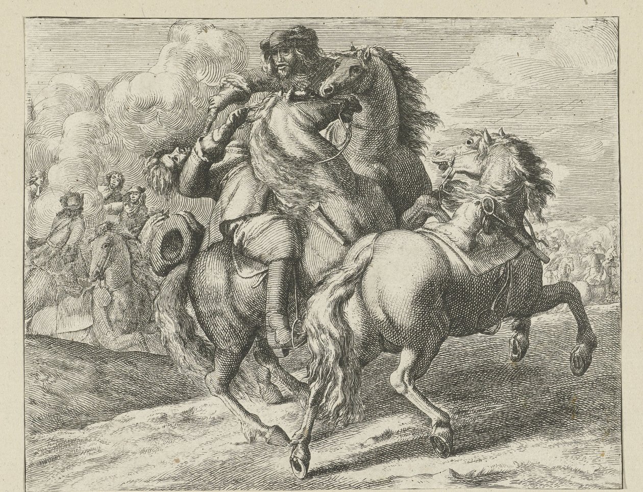 Soldat zu Pferd niedergeschossen von Jan van Huchtenburg (possibly copy after)