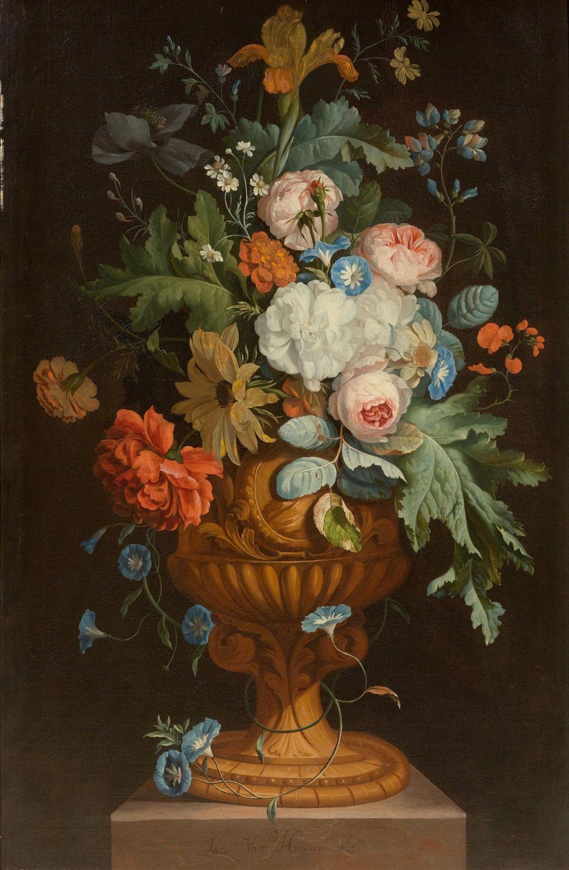 Blumen in einer Terrakottavase auf einem Sockel von Jan van Huysum