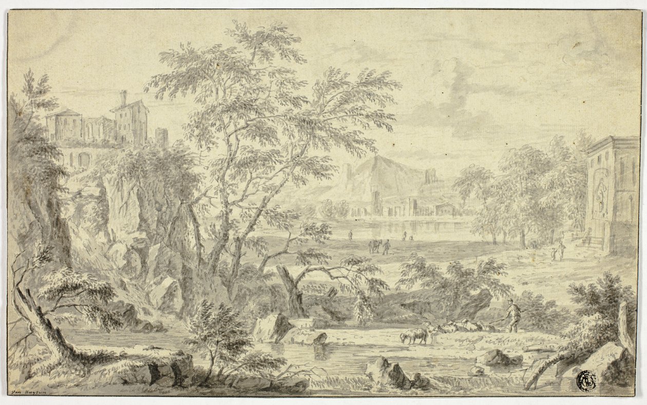 Italienische Landschaft mit Hirte und Herde am Bach, Stadt in der Ferne von Jan van Huysum