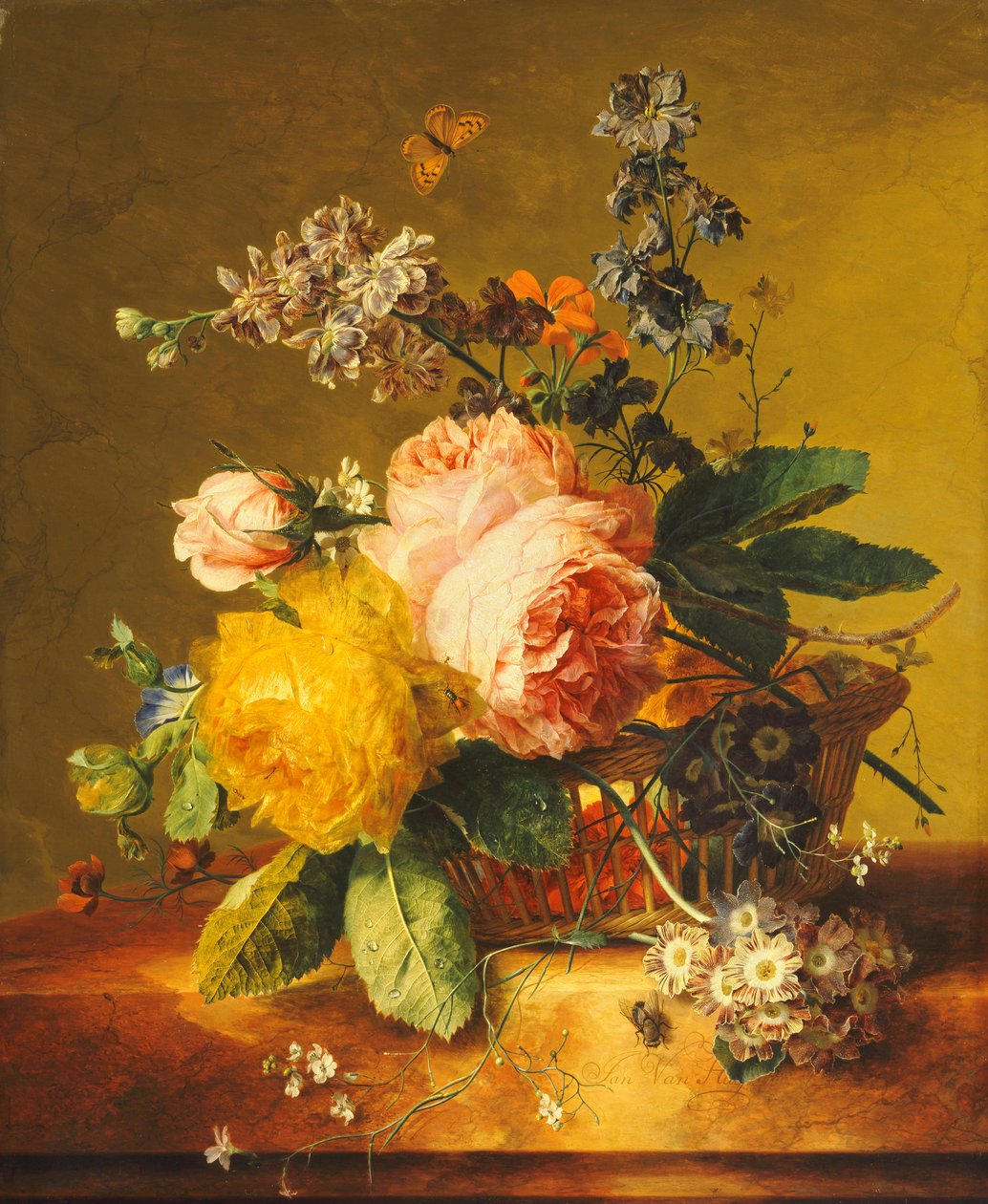 Rosen und andere Blumen in einem Korb auf einem Marmorsims, ca. 1742 von Jan van Huysum