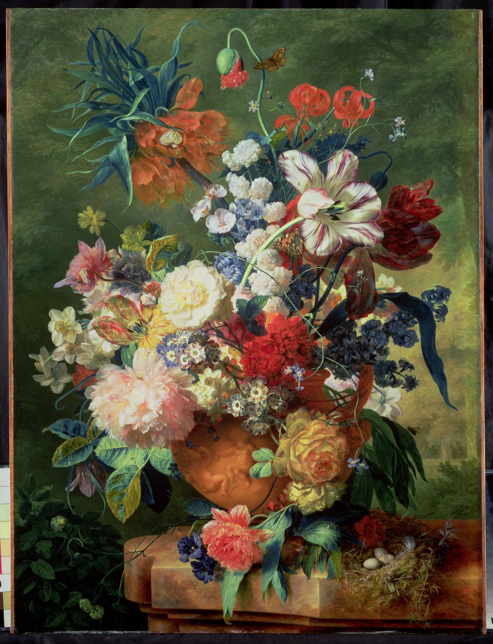 Stillleben mit Blumen und einem Vogelnest auf einem Sockel von Jan van Huysum
