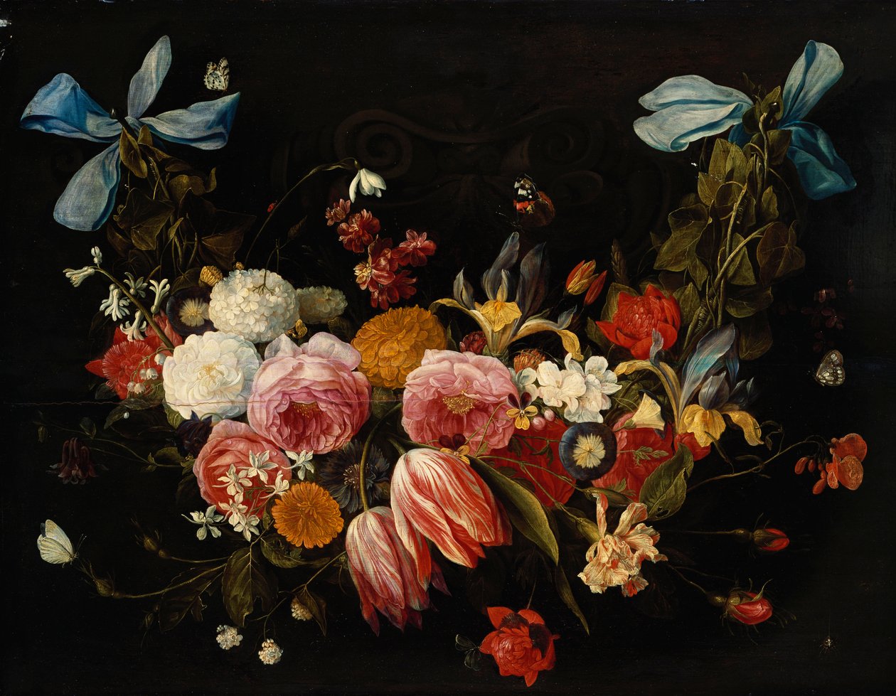 Ein Blumenstrauß aus Rosen, Tulpen, Dahlien und anderen Blumen von Jan van Kessel