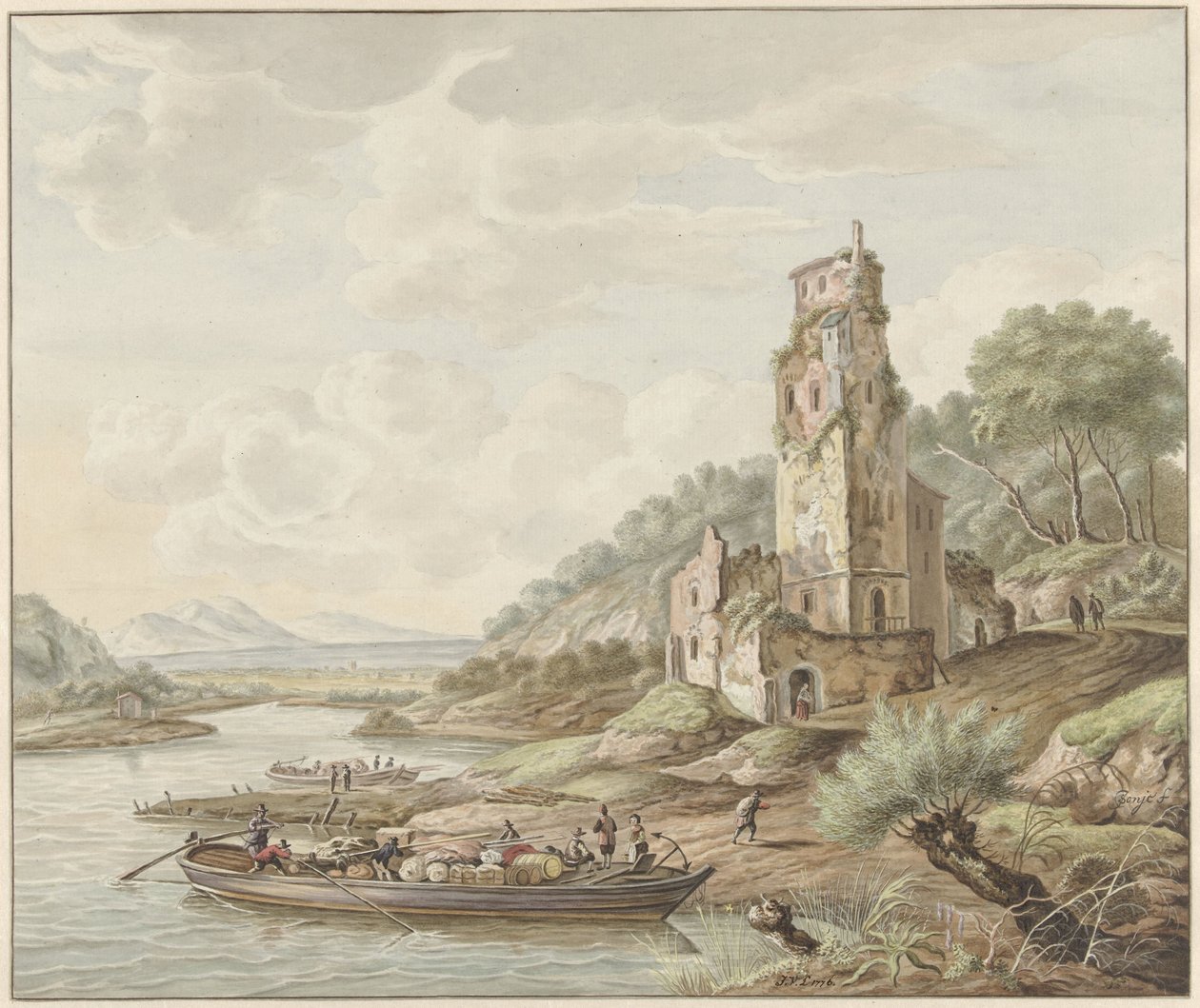 Landschaft mit Boot mit Waren bei einer Burg von Jan van Lockhorst