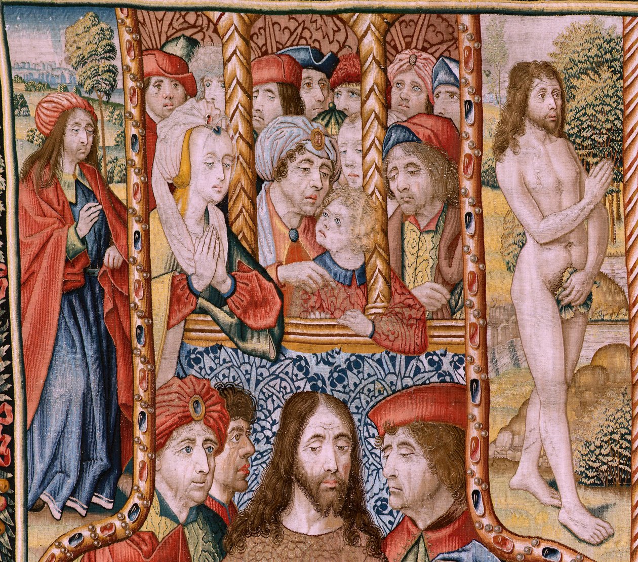 Flämischer Wandteppich. Serie Episoden aus dem Leben der Jungfrau. Die Prophezeiungen erfüllen sich bei der Geburt Christi. Erster Wandteppich in der Serie. Modelle zugeschrieben Jan von Roome (oder van B) von Jan van Roome