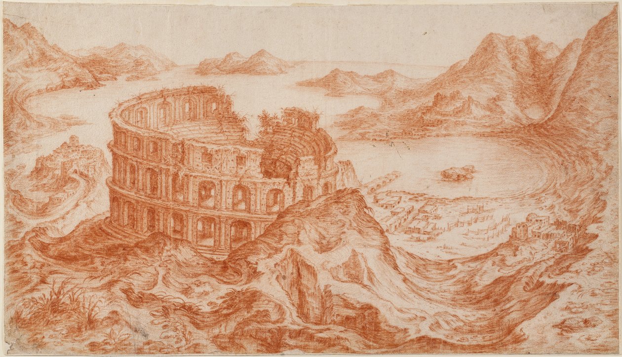 Ansicht des römischen Amphitheaters in Pozzuoli mit der Bucht von Neapel im Hintergrund von Jan van Stinemolen