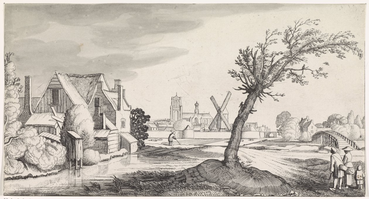 Familie bei einem Haus mit einer Stadt im Hintergrund (Playsante lantschappen ende vermakelycke gesichten) von Jan van de Velde (II)