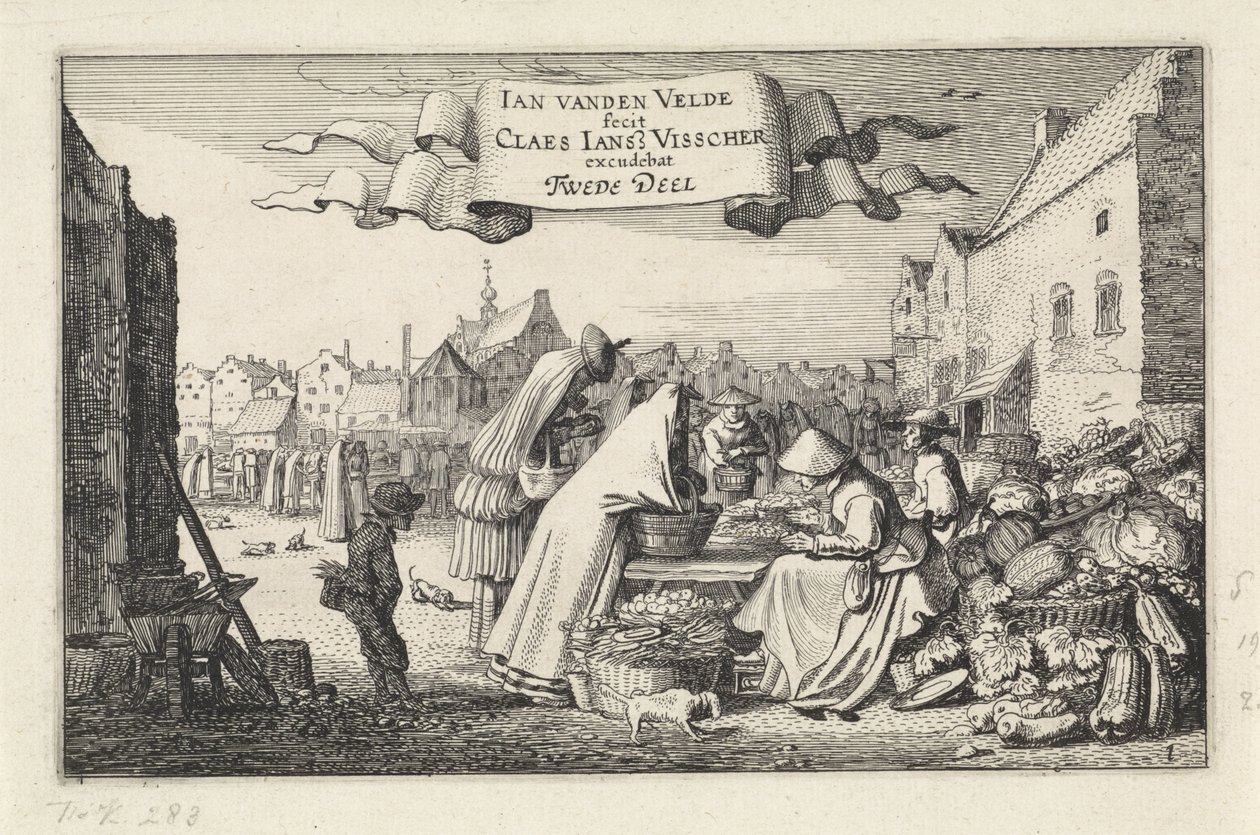 Figuren bei einem Gemüsestand auf einem Markt von Jan van de Velde (II)