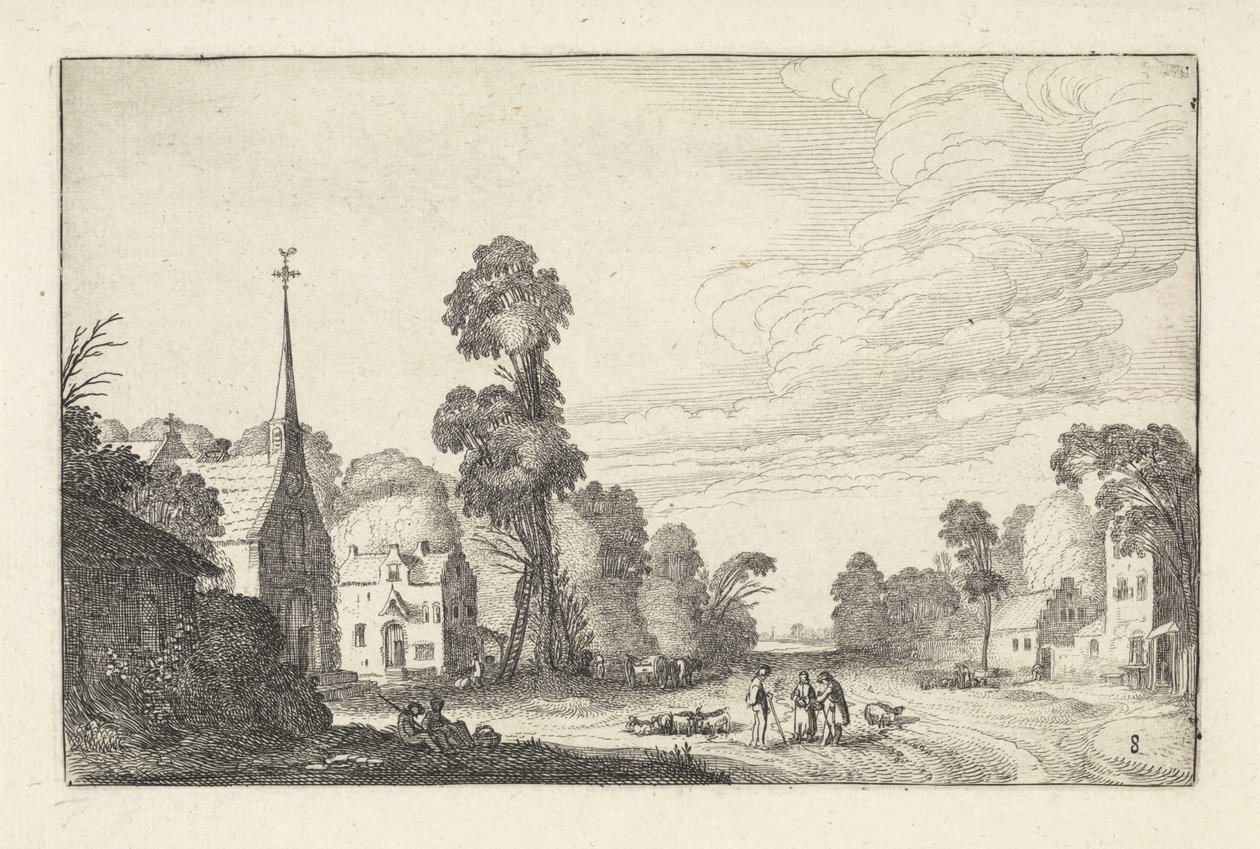 Figuren und Vieh in einem Dorf mit einer Kirche von Jan van de Velde (II)