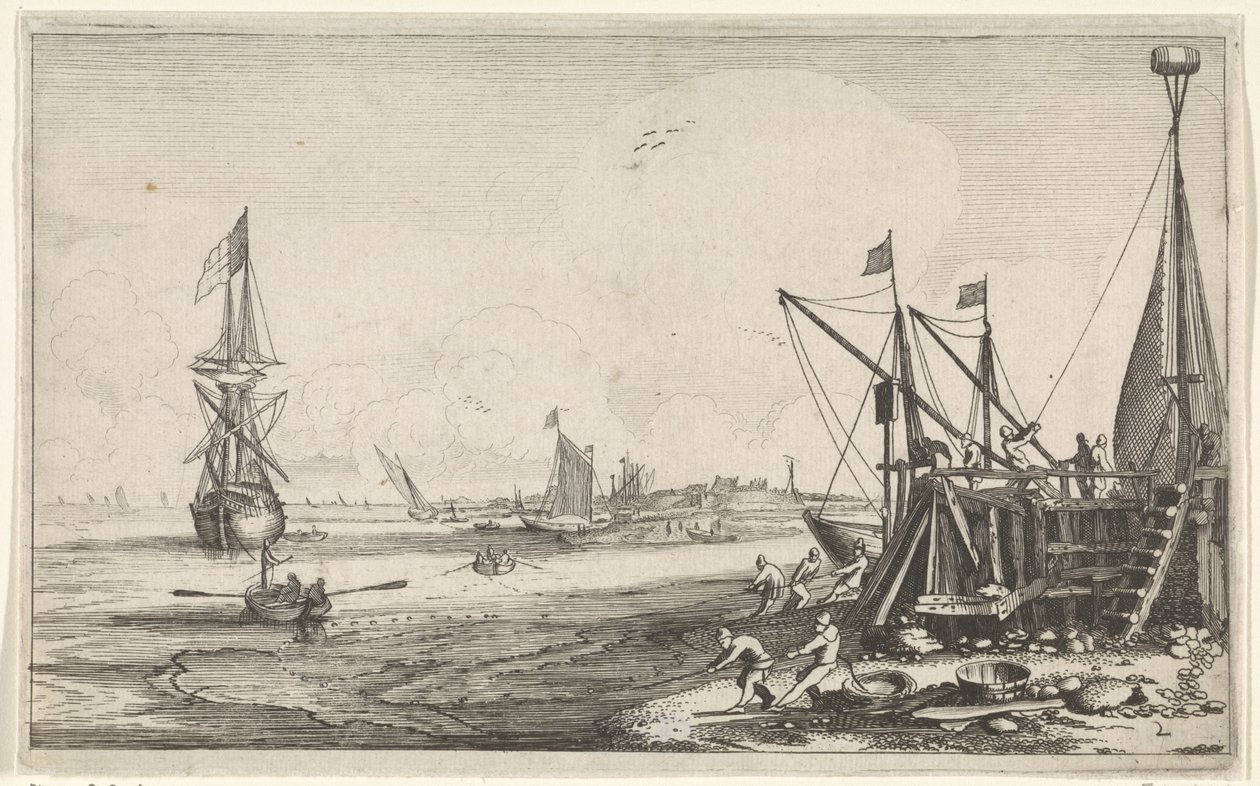 Hafenmole mit Fischern, die ihre Netze einholen von Jan van de Velde (II)