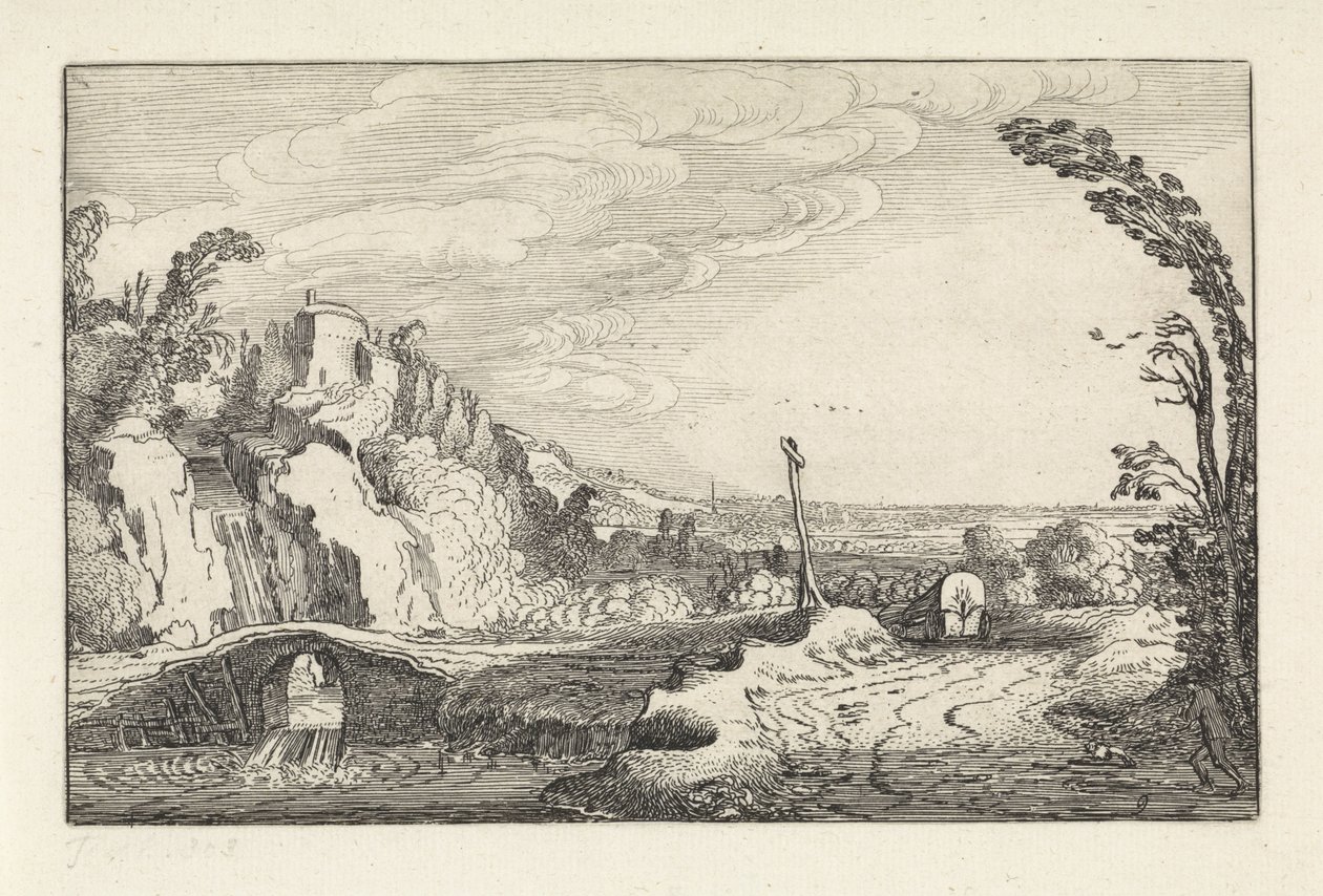 Planwagen auf einem Pfad in einer bergigen Flusslandschaft (Serientitel: Landschaften) von Jan van de Velde (II)