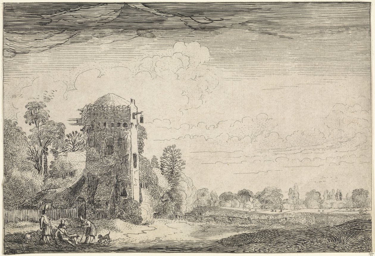 Jäger mit Hunden bei einem Turm in einer Landschaft von Jan van de Velde (II)