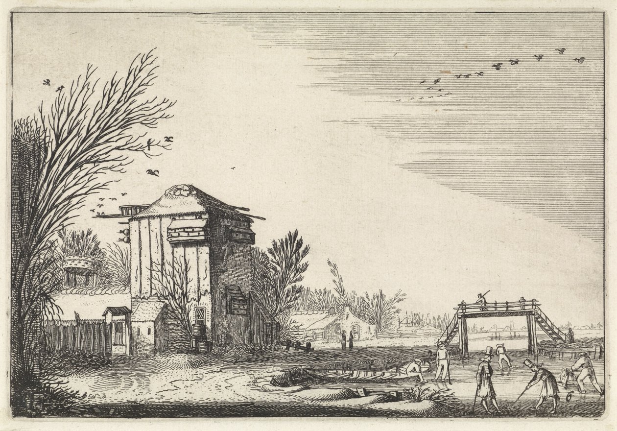 Kolfspieler auf dem Eis bei einem Taubenschlag (Serientitel: Landschaften) von Jan van de Velde (II)