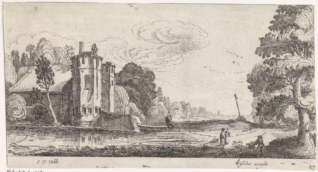 Landschaft mit Figuren bei einem befestigten Haus mit zwei Türmen von Jan van de Velde (II)