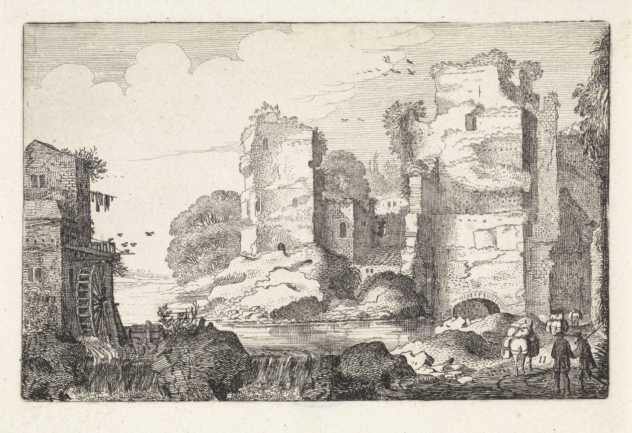 Landschaft mit Ruinen und einer Wassermühle von Jan van de Velde (II)