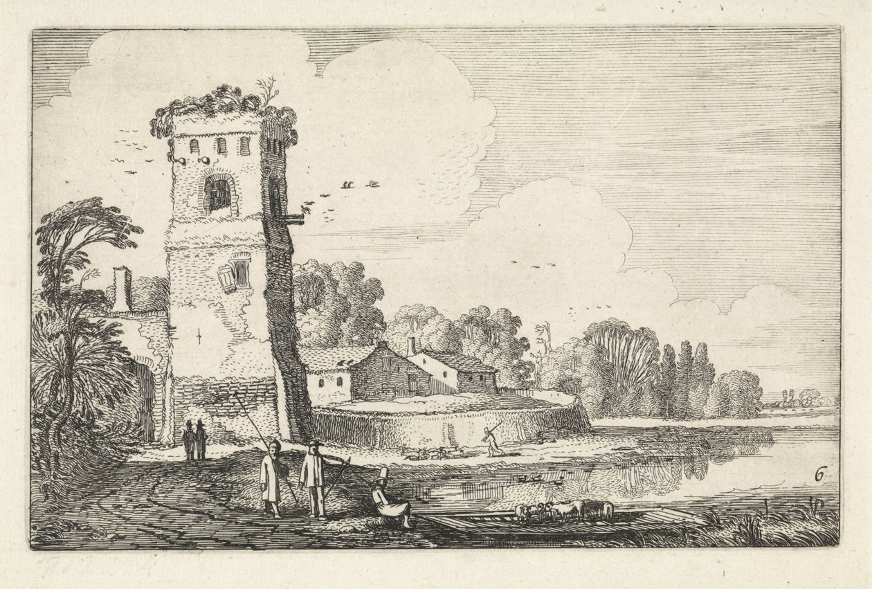 Fähre mit Schafen bei einem Turm in einer Flusslandschaft von Jan van de Velde (II)