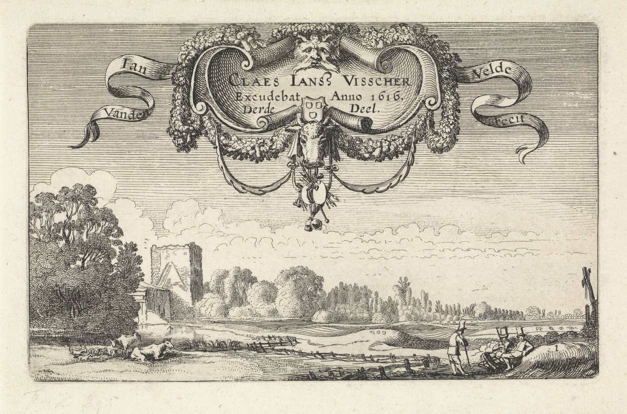 Ruhende Figuren in einer Landschaft mit Kühen und einem Turm von Jan van de Velde (II)