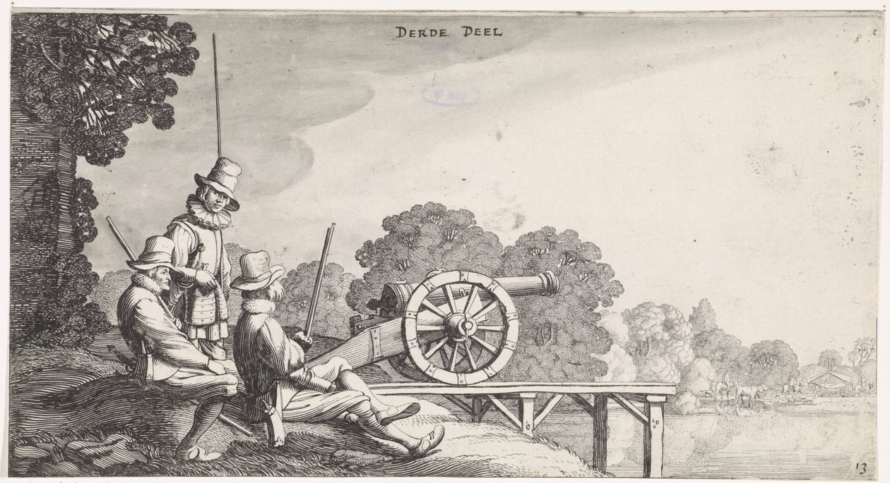 Soldaten bei einer Kanone auf einem Steg an einem Fluss von Jan van de Velde (II)