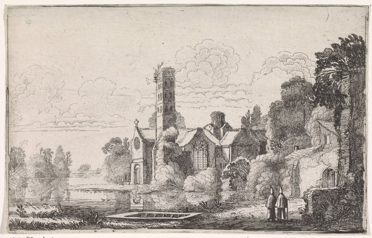 Zwei Mönche bei einer Abtei in einer Flusslandschaft von Jan van de Velde (II)