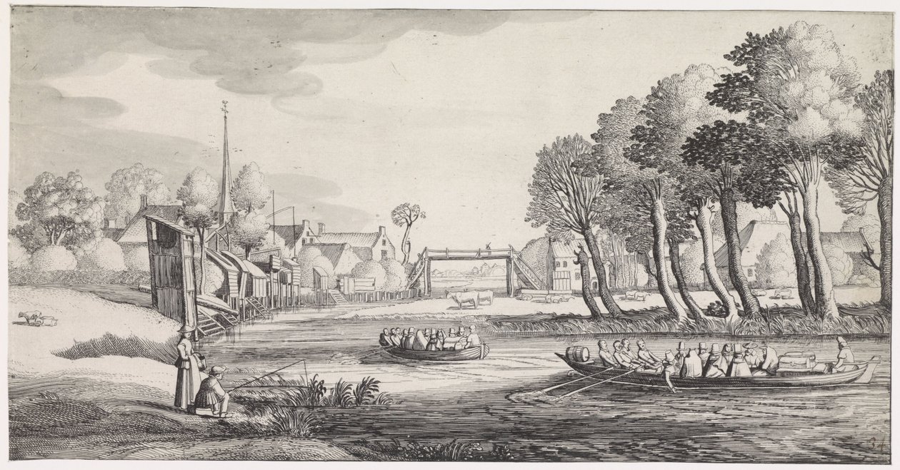 Zwei Ruderboote auf einem Fluss bei einem Dorf von Jan van de Velde (II)