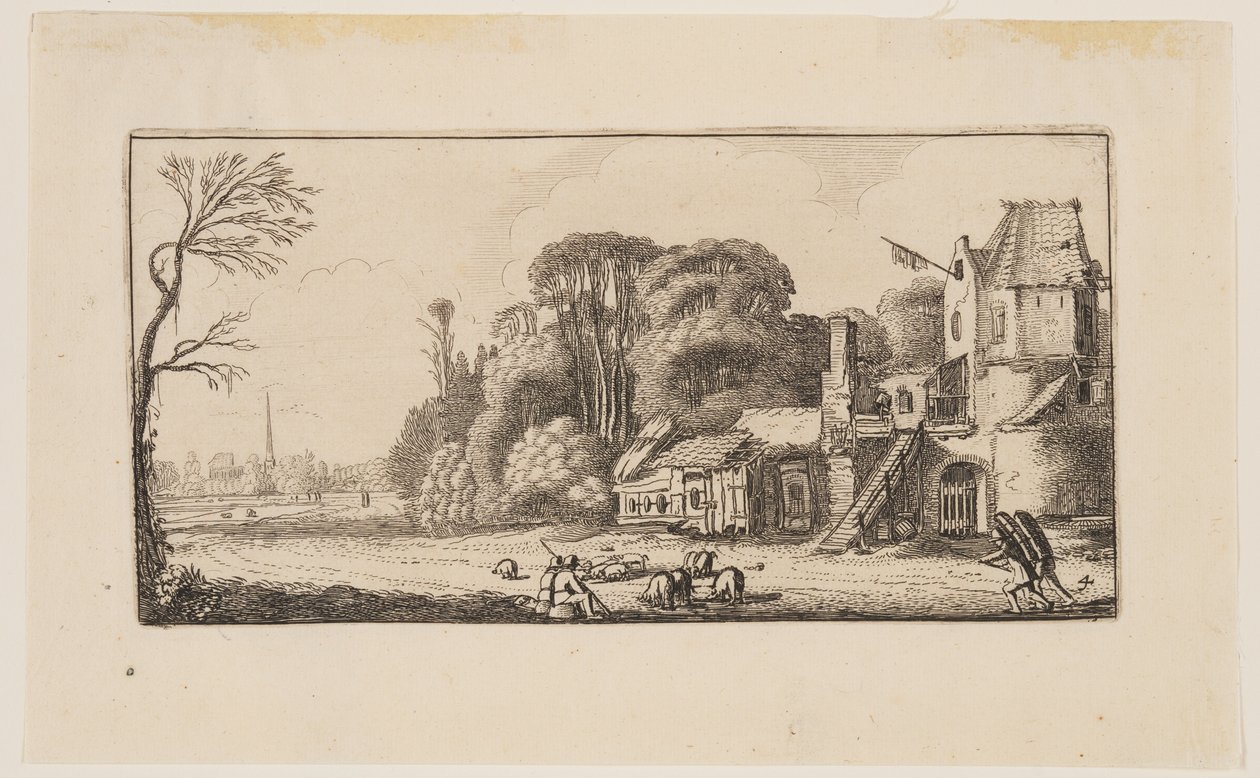 Landschaft mit Schweinen und zwei Händlern, aus Sechs Landschaften von Jan van de Velde II