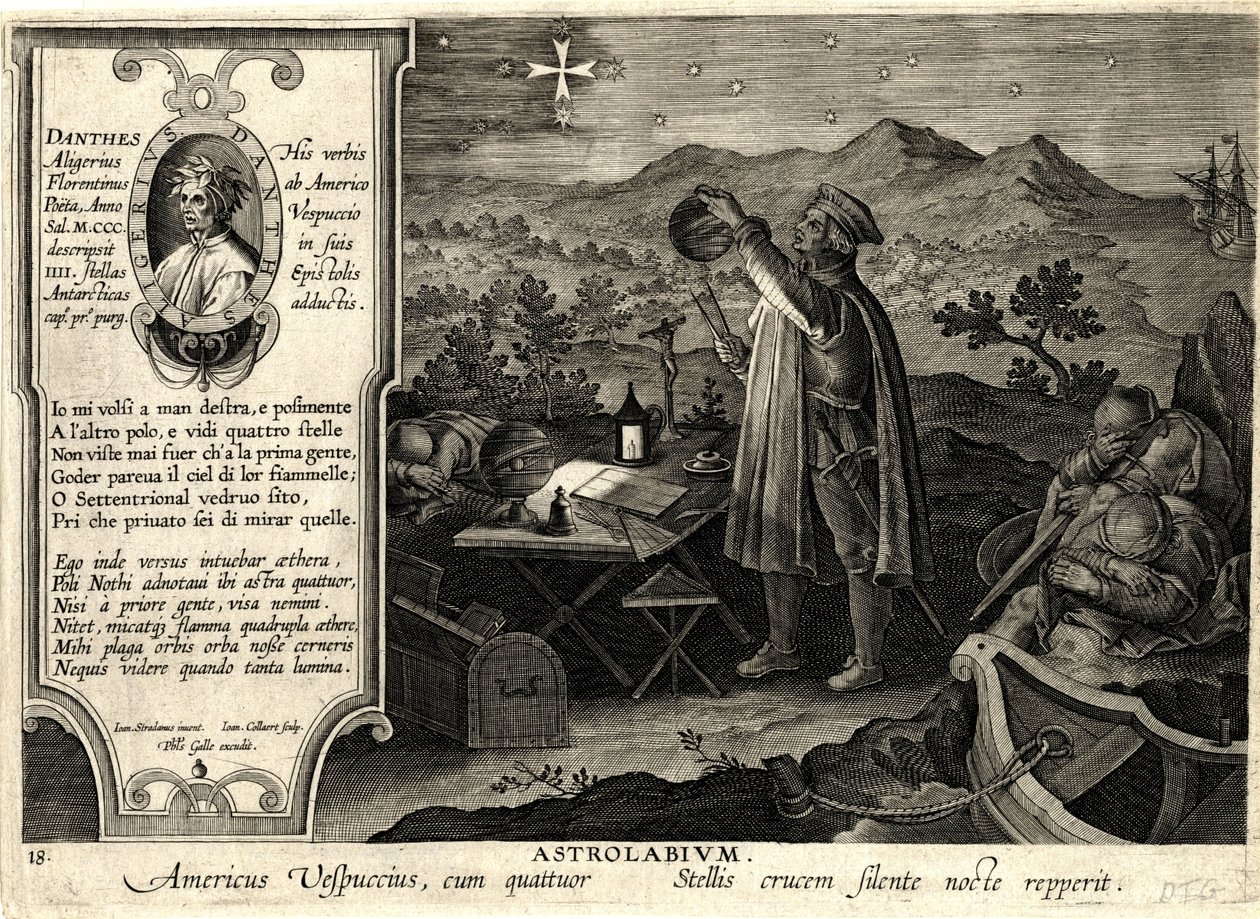 Astrolabium. Americus Vespuccius mit vier Sternen..., um 1600 von Jan van der (1523-1605) Straet
