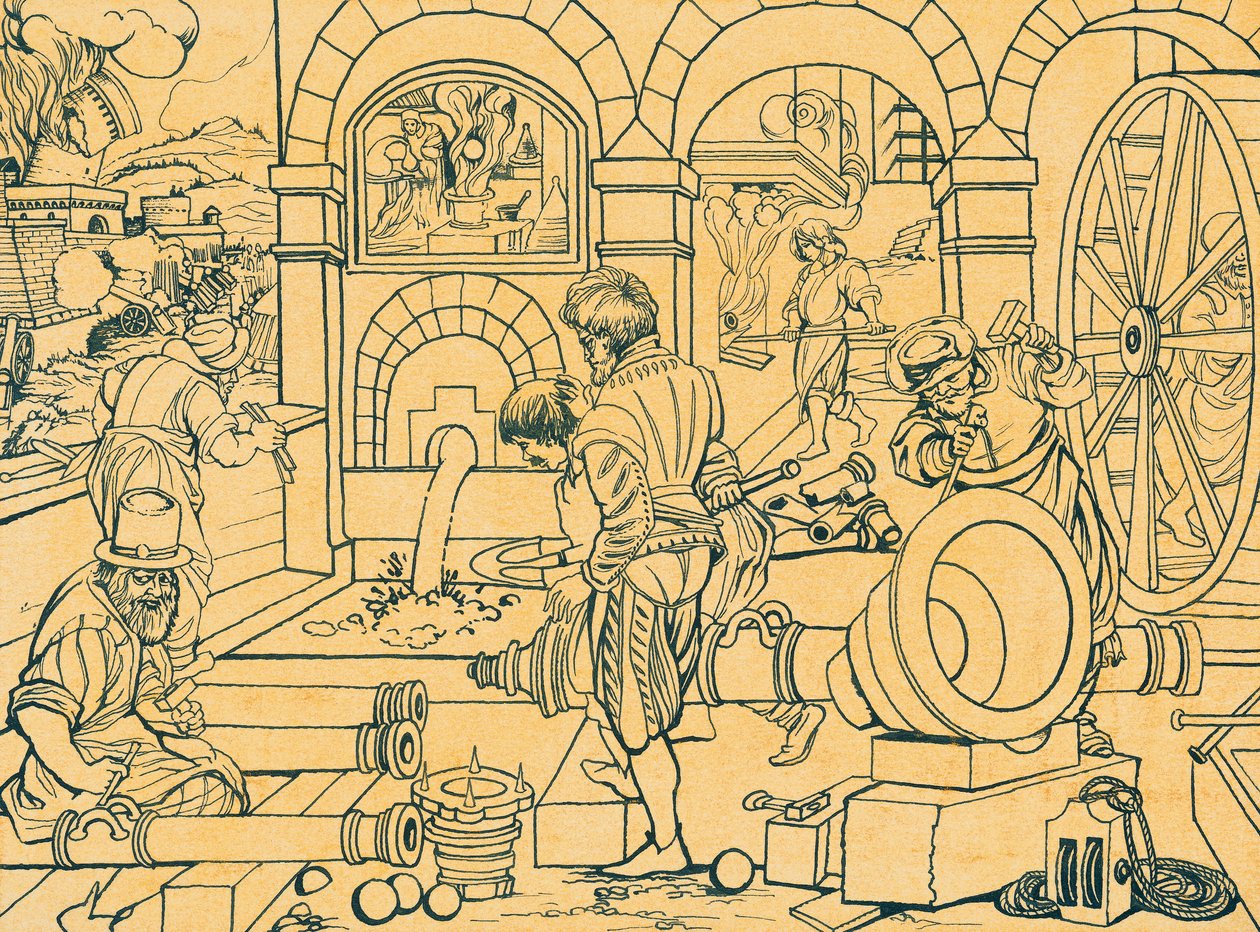 Kanonengießerei, Zeichnung aus Nova Reperta von Jan van der (1523 1605) Straet