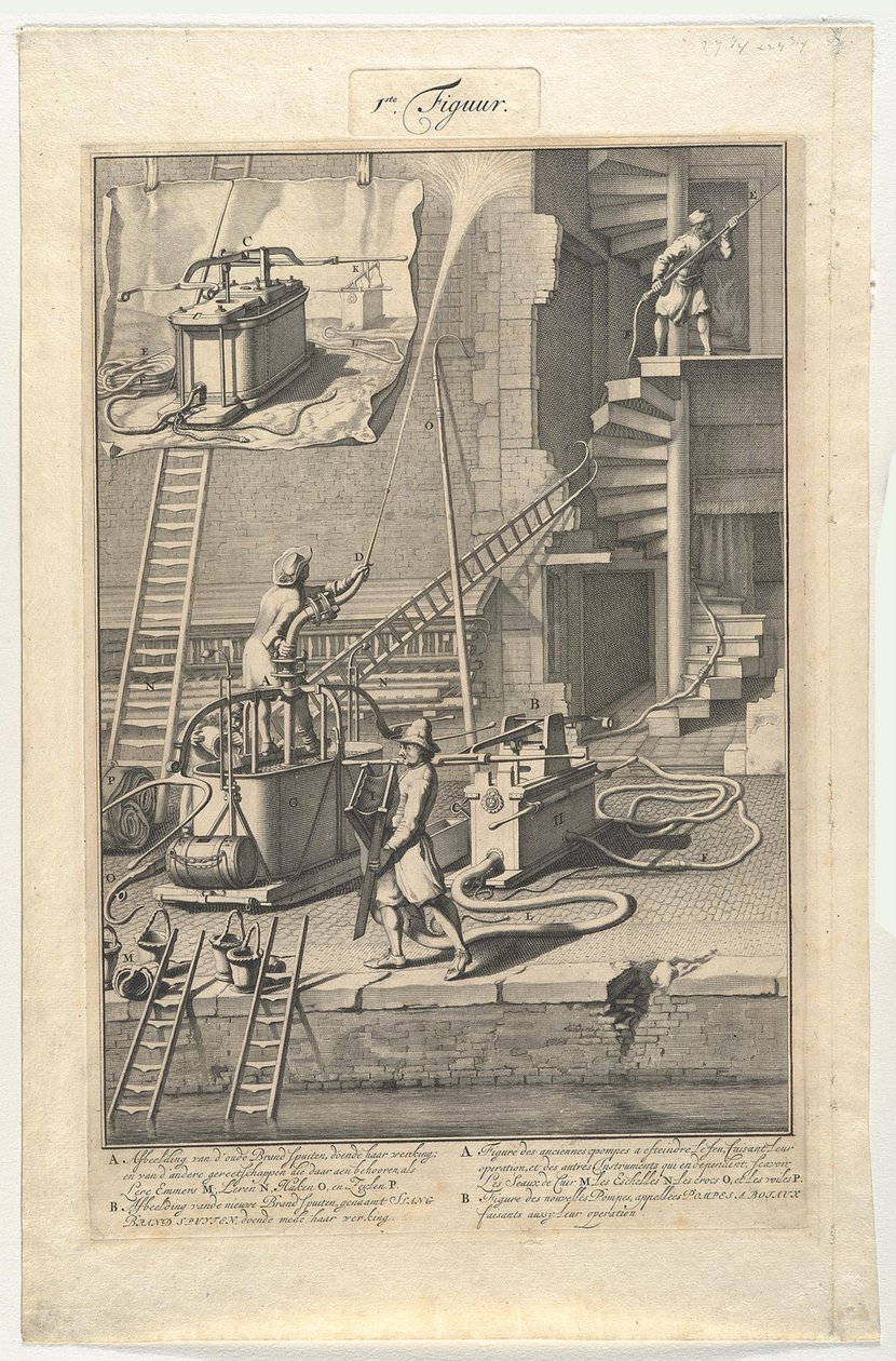 Alte Feuerspritzen und neue Schlauchfeuerspritzen von Jan van der Heyden