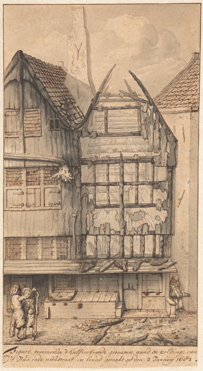 Zwei ausgebrannte Häuser in der Oude Nieuwstraat, 1682 von Jan van der Heyden