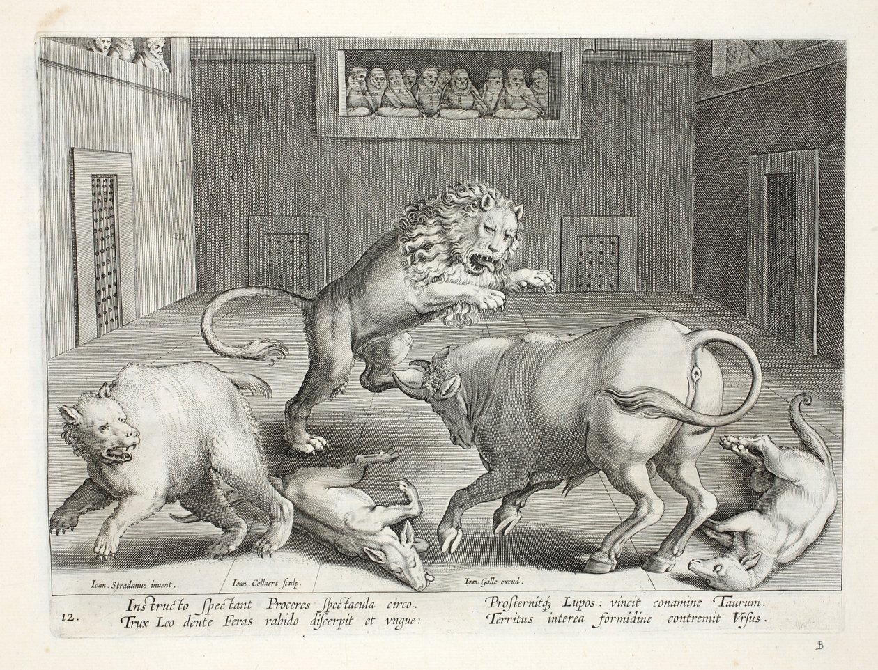 Adlige beobachten den Kampf wilder Tiere in einem Zirkus, Illustration aus 