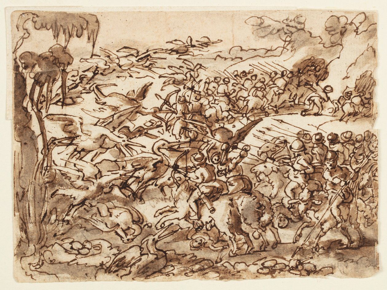 Recto: Kampf zwischen Pygmäen und Kranichen; Verso: Inschrift zu Plinius des Älteren Naturgeschichte, Buch 7, Kap. 2 von Jan van der Straet, called Stradanus