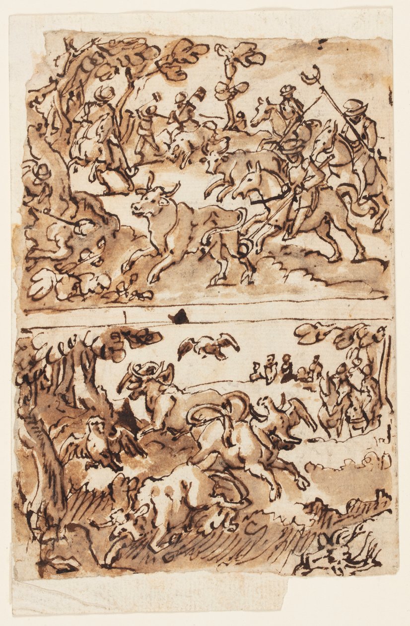 Skizzenbuchseite mit Stierjagden von Jan van der Straet, called Stradanus