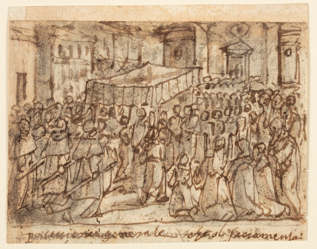 Skizzenbuchseite mit Prozession mit der Hostie und Pontifikalmesse von Jan van der Straet, called Stradanus