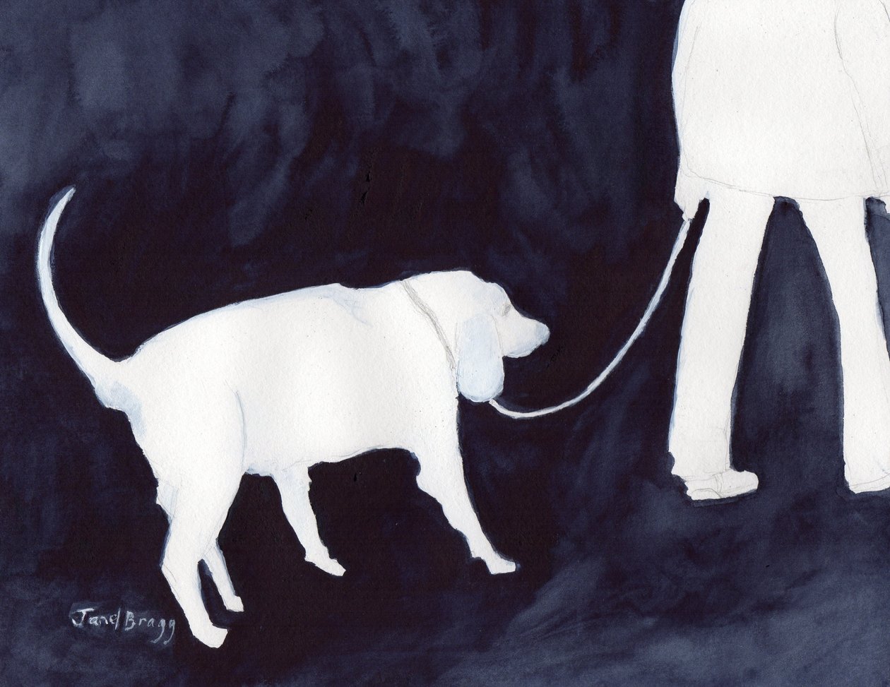 Mann, der seinen Hund spazieren führt in Indigo II, ca. 2018 von Janel Bragg