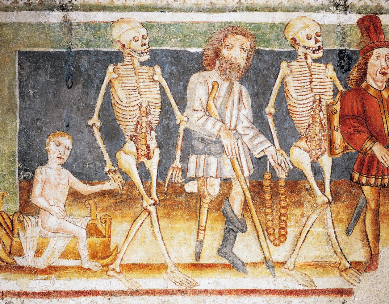 Hrastovlje befestigte Kirche, Dreifaltigkeitskirche, Tod begleitet Kind und Arme, Totentanz (1490), Detail aus Fresken von Janez Iz Kastva (1490), Slowenien von Janez Kastav